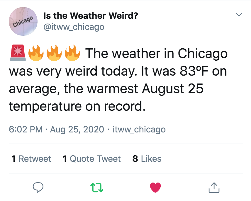 A screenshot of a tweet from Is the Weather Weird? Chicago